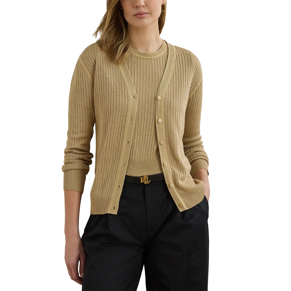 Ζακέτα με V και ριμπ πλέξη από μείγμα λινού Lauren Ralph Lauren