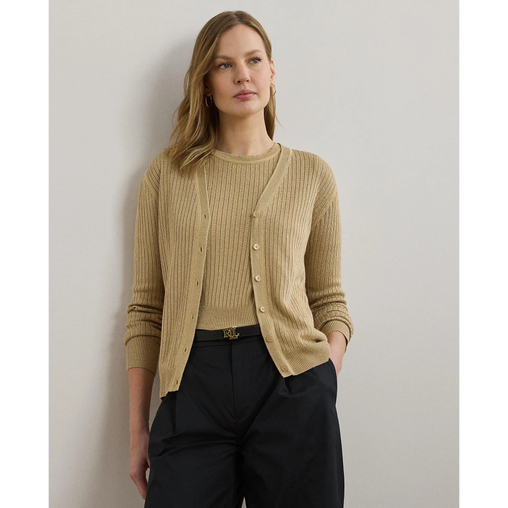 Ζακέτα με V και ριμπ πλέξη από μείγμα λινού Lauren Ralph Lauren