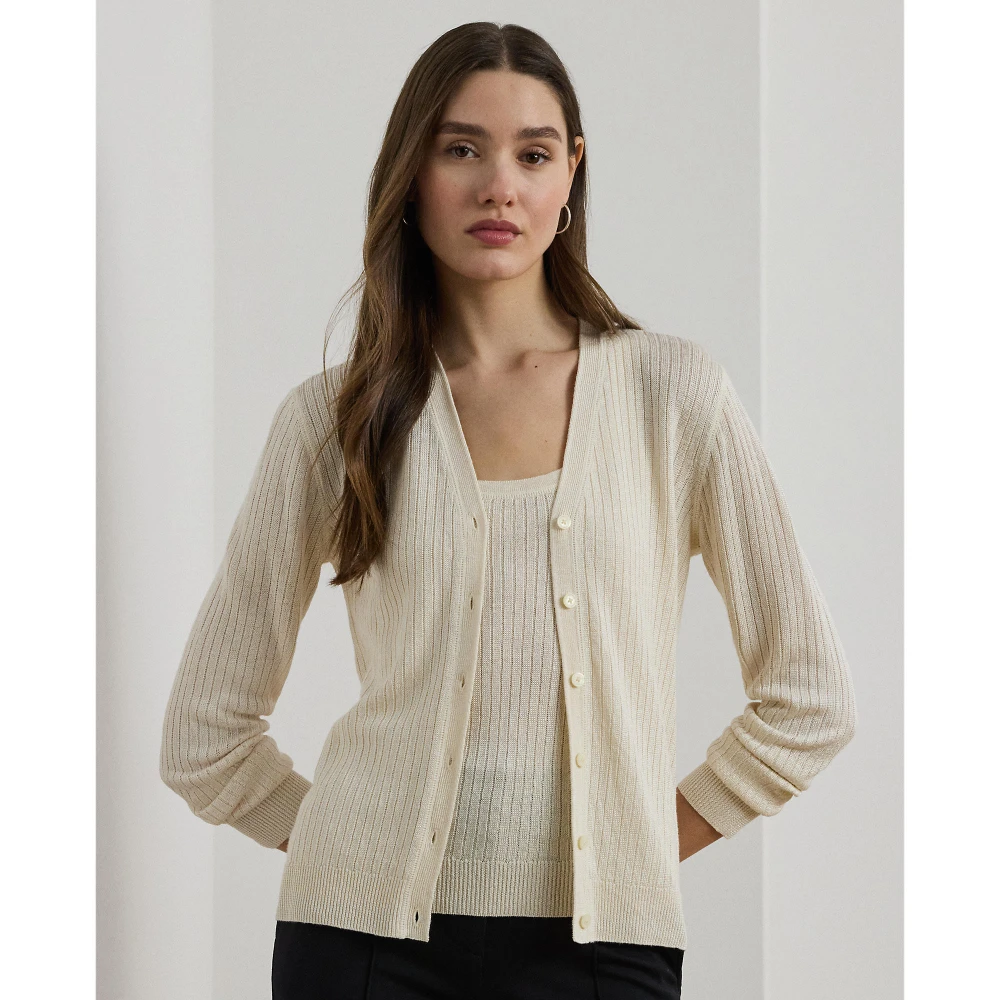 Ζακέτα με V και ριμπ πλέξη από μείγμα λινού Lauren Ralph Lauren
