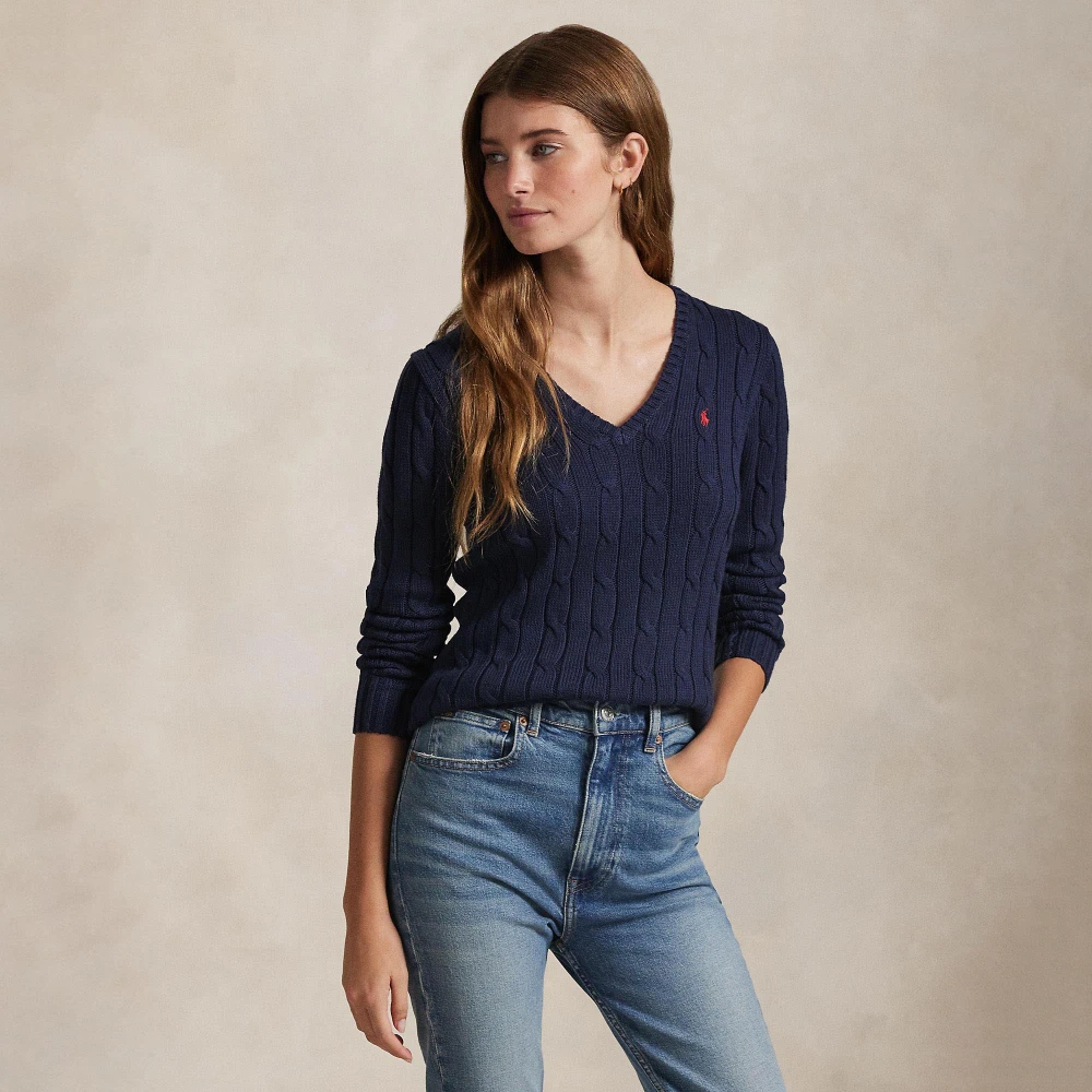 Πλεκτή βαμβακερή μπλούζα V με πλέξη cable-knit Polo Ralph Lauren