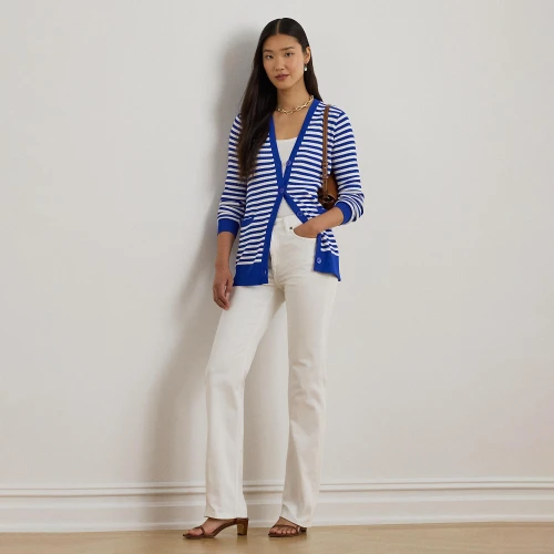 Γυναικεία Ριγέ Ζακέτα Lauren Ralph Lauren με V Λαιμόκοψη σε Μπλε και Λευκό