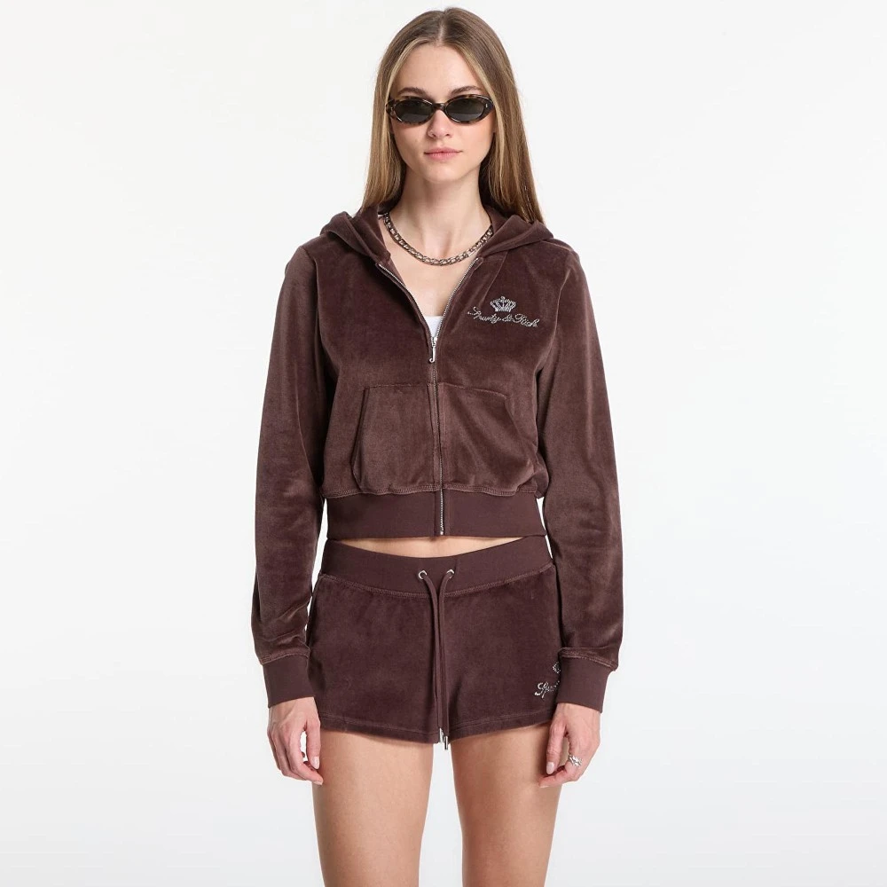 Sporty & Rich x Juicy Couture – Βελούδινη Ζακέτα Φόρμας με Κουκούλα Σοκολατί