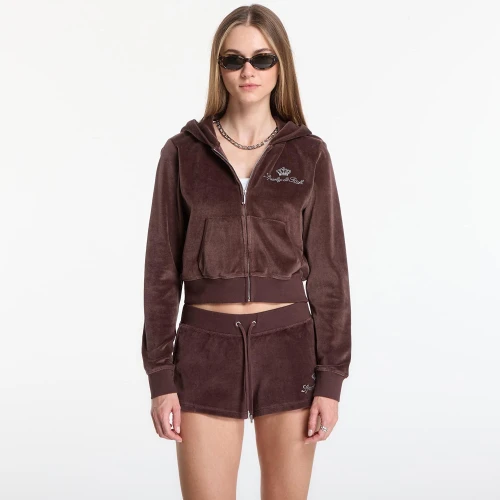 Sporty & Rich x Juicy Couture – Βελούδινη Ζακέτα Φόρμας με Κουκούλα Σοκολατί