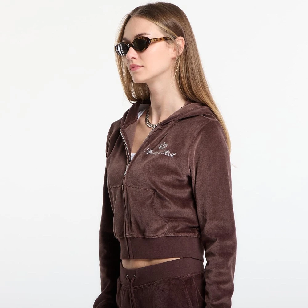 Sporty & Rich x Juicy Couture – Βελούδινη Ζακέτα Φόρμας με Κουκούλα Σοκολατί
