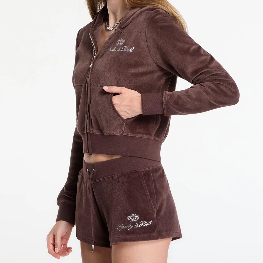 Sporty & Rich x Juicy Couture – Βελούδινη Ζακέτα Φόρμας με Κουκούλα Σοκολατί