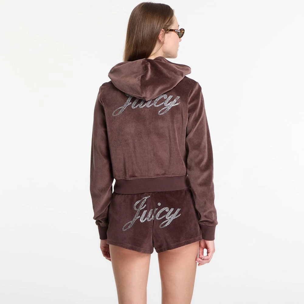 Sporty & Rich x Juicy Couture – Βελούδινη Ζακέτα Φόρμας με Κουκούλα Σοκολατί