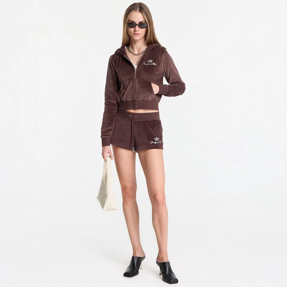 Sporty & Rich x Juicy Couture – Βελούδινη Ζακέτα Φόρμας με Κουκούλα Σοκολατί