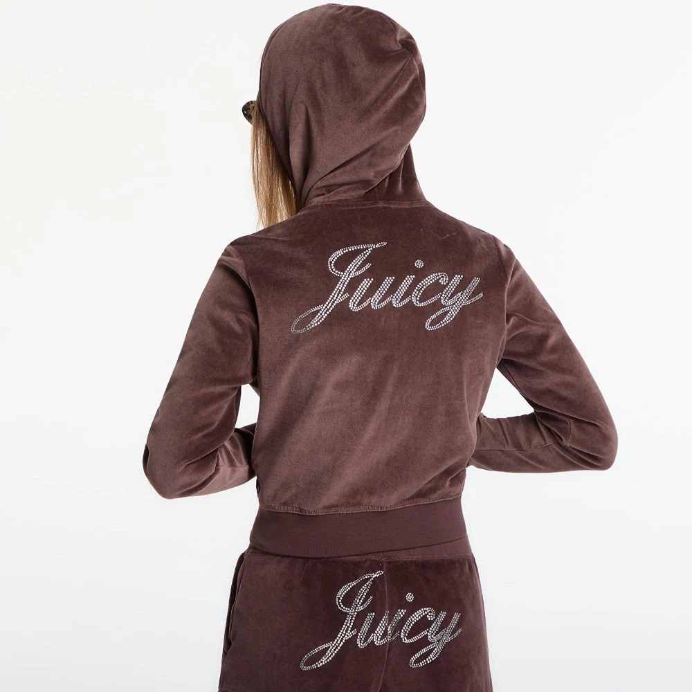 Sporty & Rich x Juicy Couture – Βελούδινη Ζακέτα Φόρμας με Κουκούλα Σοκολατί